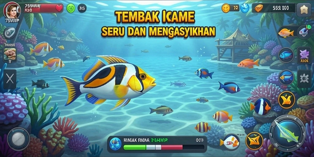 Screenshot gameplay 7SVIP menampilkan aksi seru menembak ikan.