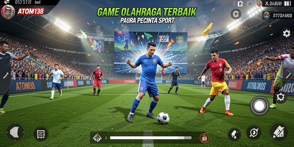 Screenshot utama ATOM138 menampilkan aksi seru dalam pertandingan olahraga.