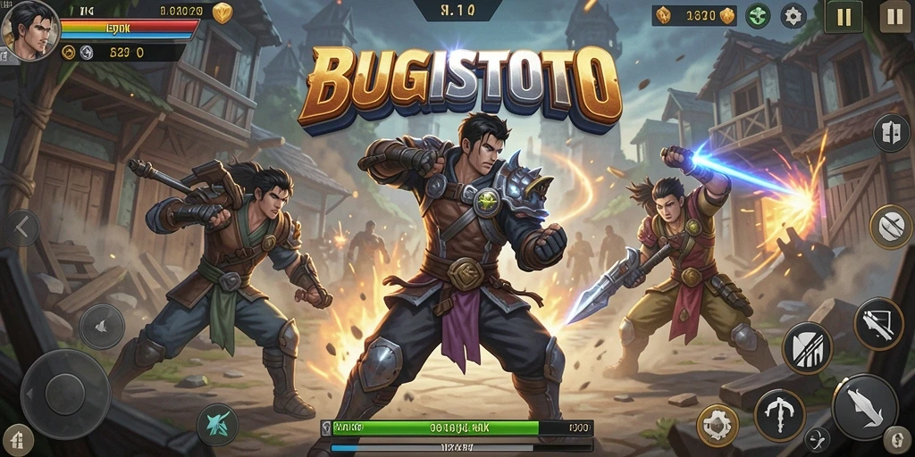 Screenshot utama BUGISTOTO menampilkan aksi pertempuran yang mendebarkan.
