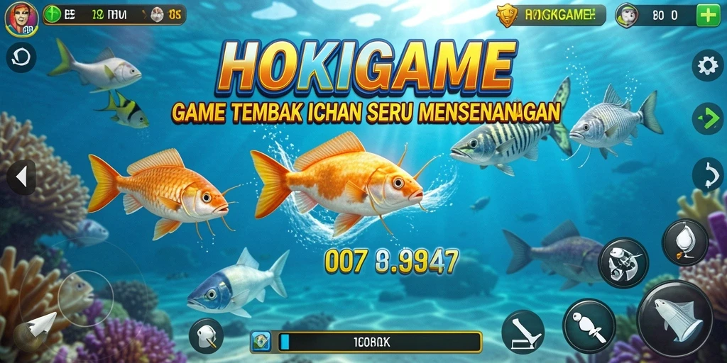 Gameplay HOKIGAME menampilkan aksi tembak ikan yang seru dan berwarna.