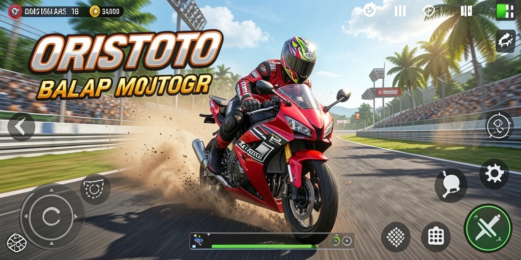 Screenshot utama ORISTOTO menampilkan aksi balap motor yang intens.