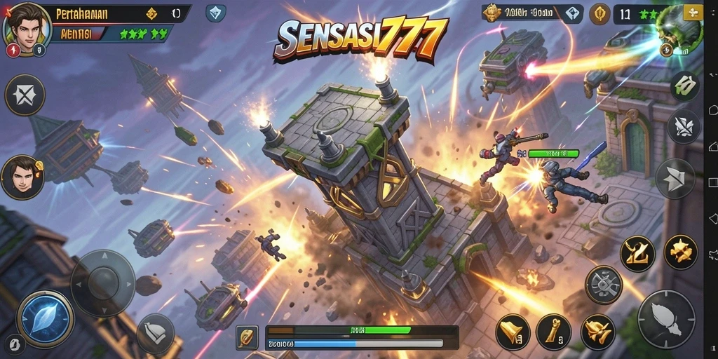 Screenshot menunjukkan aksi menara bertahan dalam SENSASI777.