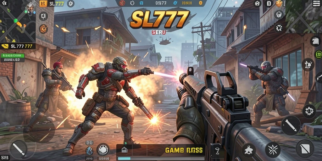 Tampilan screenshot utama SL777 menampilkan aksi seru gameplay TPS.